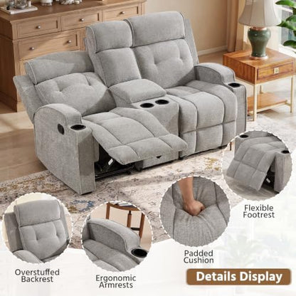 HAOMARKETS 2-Piece Manual Recliner Loveseat Sofa Set, Breathable Fabirc2-Seater Set of 2 for Adults, Overstuffed Reclining Couches with Cup Holders and Center Console for Living Room, Light Grey