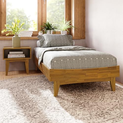 Bme Catherine Twin Platform Bed Frame, Modern Bed Frame Without Headboard, Wooden Low Profile Bed Frame, Acacia Wood Platform Bed Frame, No Box Spring Needed, Supports up to 500lbs - Teak Brown