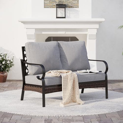 SUNSHINE VALLEY 2-Seat Metal Patio Loveseat, Deep Seats, Black/Light Gray