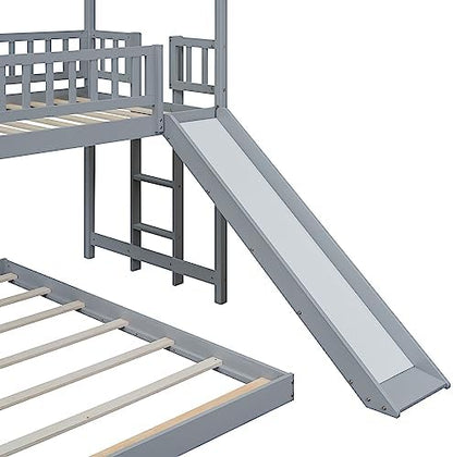 SOFTSEA Twin Over Full Bunk Bed with Slide and Built-in Ladder, Gray