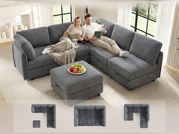KKL Modular Sectional Sofa V-Shaped 6 Seater Couch with Storage Ottoman, Convertible L/J-Shaped Couch and Sofa Bed Plush Wide-Wale Corduroy for Living Room, Apartment, Modern Design, Gray