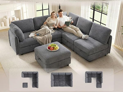KKL Modular Sectional Sofa V-Shaped 6 Seater Couch with Storage Ottoman, Convertible L/J-Shaped Couch and Sofa Bed Plush Wide-Wale Corduroy for Living Room, Apartment, Modern Design, Gray
