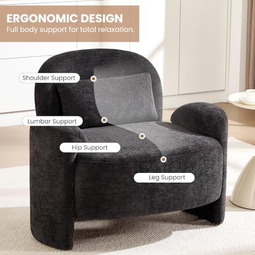 Accent Chairs Set of 2, Modern Chenille Fabric Lounge Reading Sofa with Lumbar Pillow, Upholstered Arm Chairs for Living Room, Bedroom & Office, Dark Grey