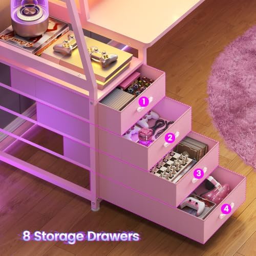 SEDETA 79'' Gaming Desk with LED Lights,8 Drawers and Storage Shelves, Pink
