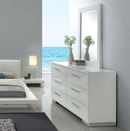 First of a Kind Queen Size Contemporary Bedroom Furniture 5 Piece Set in White - Low Profile Bed, Padded Headboard & High Gloss Finish - Bed, Nightstand, Dresser, Mirror & Storage Chest Set