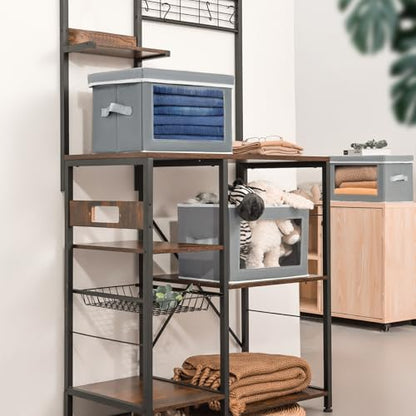 Stackable Storage Bins with Lids - Medium Storage Box with Lids, Foldable Closet Boxes for Organizing, Wardrobe Clothes Organizer with Window, Cubes Bins for Living Room, 5 Pack, Grey