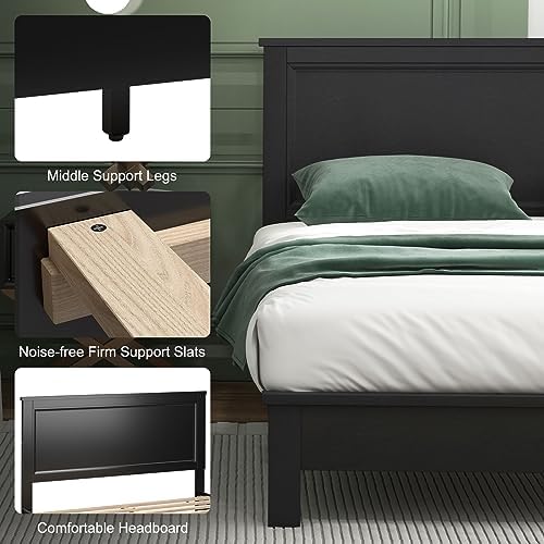 GIANTEX Wood Queen Platform Bed Frame with Headboard, Mid Century Bed Frame with Solid Wood Legs & Wooden Slat Support, Pallet Bed Mattress Foundation, No Box Spring Needed, Black