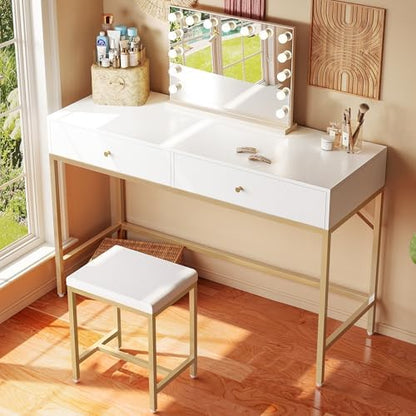 SUPERJARE 43-inch Modern White & Gold Desk - 2 Drawer Vanity