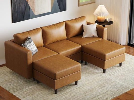 ABCASA Faux Leather U Shaped Modular Sectional Sofa 91.5", 5 Seater Couch with Movable Ottoman Deep Seat and Storage Seat with Removable Cover for Living Room, Apartment - Brown