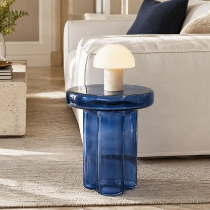Round End Table with Tempered Glass, Small Side Table for Living Room Bedroom, W14.96in Light Blue