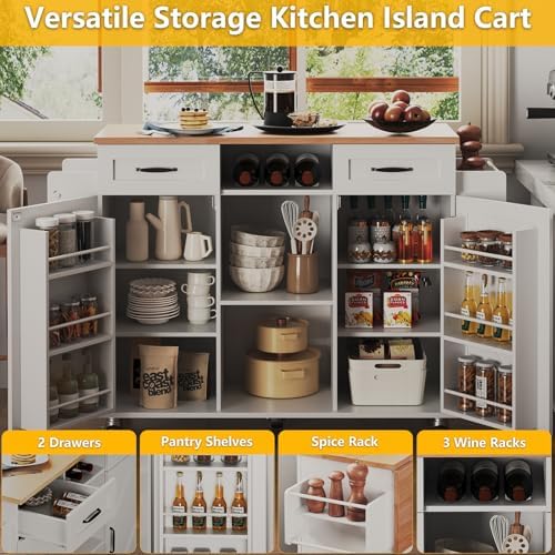 knoworld Rolling Kitchen Island with 2 Storage Cabinet & Drawers, 41.3'' Width Kitchen Cart with Desktop Drop Leaf Countertop, Portable Mobile Island with Towel Rack, Spice Rack Shelf, White2