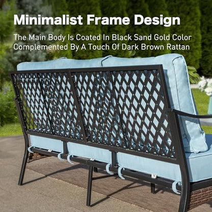 SUNSHINE VALLEY 3-Seat Metal Patio Sofa, 5.75" Thick Cushions, Black/Blue