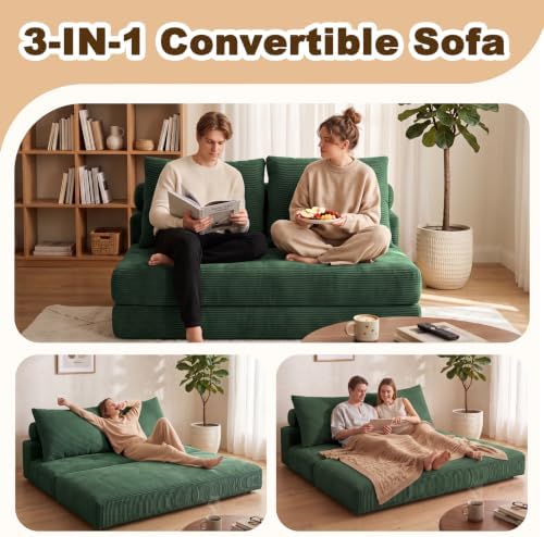 Folding Sofa Bed, 3-in-1 Convertible Sleeper Chair Bed with Pillows, Foldable Boneless Couch with High-Density Foam, Futon Floor Couch for Living Room Bedroom Lounge, Loveseat, Green