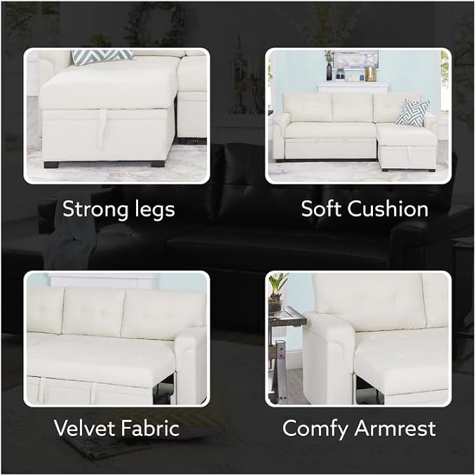 Naomi Home 84" L-Shaped Sectional Sleeper Sofa with Pull Out Bed | Sleeps Guests Comfortably, Stores Essentials in Chaise & Saves Space, Velvet, Cream Convertible Sofa Bed