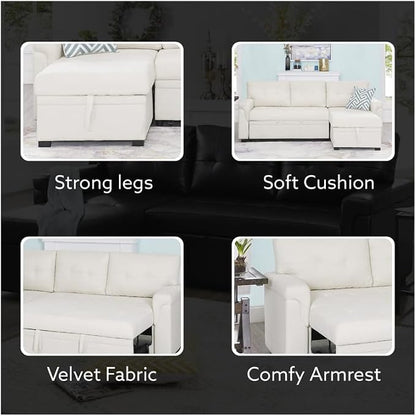 Naomi Home 84" L-Shaped Sectional Sleeper Sofa with Pull Out Bed | Sleeps Guests Comfortably, Stores Essentials in Chaise & Saves Space, Velvet, Cream Convertible Sofa Bed