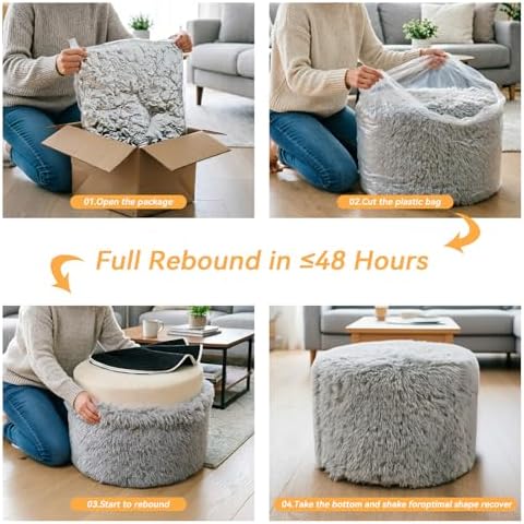 Round Pouf Ottoman Foot Rest, 19"×15" Soft Foam Filled Foot Stool, Lightweight Decorative Pouf for Living Room, Bedroom or Couch, Modern Small Ottoman for Relaxing, Grey