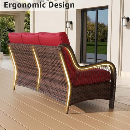 Outdoor Wicker 2 Seater Sofa, All-Weather Use Patio Rattan Loveseat with Seat and Back Cushion, Ideal for Porch, Backyard, Balcony, Poolside, Red