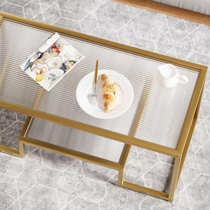 Wolawu Coffee Table Gold Glass Coffee Table for Living Room,2 Tiers Rectangle Center Table with Ribbed Glass Top and Sturdy Metal Frame,Modern Glass Accent Table for Bedroom Home Office