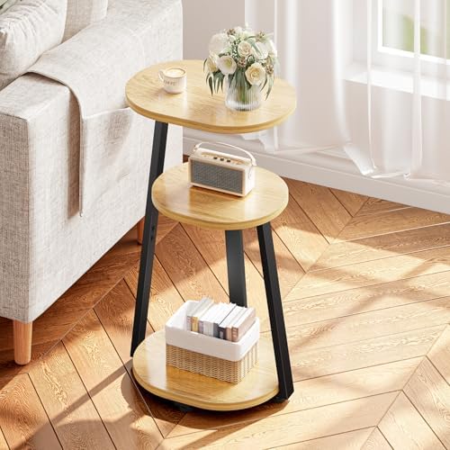 Side Table, Small End Table with Metal Frame, 3-Tier Bedside Tables, Round Side Tables for Living Room Bedroom Couch Bathroom, Oval, Modern Oak