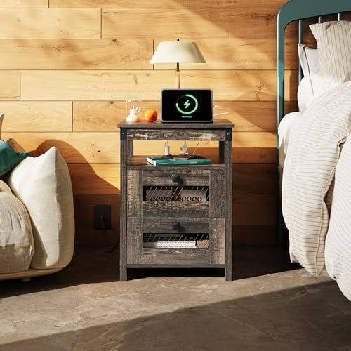 WLIVE Night Stand with Charger Station, End Tables Bedroom, Bed Side Table with 2 Wooden Storage Drawers, Farmhouse Nightstand with USB Ports and Outlets, Dark Rustic Oak
