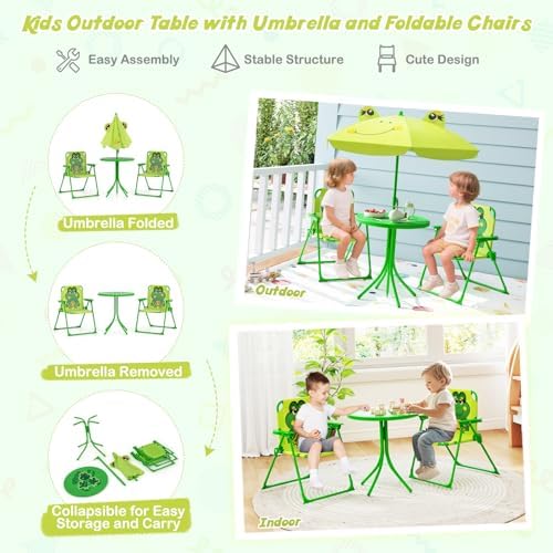 HONEY JOY Kids Picnic Table, Animal Themed Toddler Outdoor Table and Chair Set, 2 Folding Chairs & Removable Umbrella, Children Outdoor Furniture for Backyard Patio Garden (Light Green Frog)