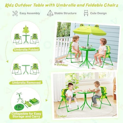HONEY JOY Kids Picnic Table, Animal Themed Toddler Outdoor Table and Chair Set, 2 Folding Chairs & Removable Umbrella, Children Outdoor Furniture for Backyard Patio Garden (Light Green Frog)