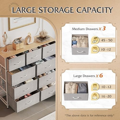 WLIVE Tall Dresser for Bedroom, 9 Drawer Chest of Drawers, Light Grey