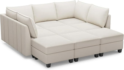 Belffin Modular Sectional Sofa Bed with Storage, 9-Seater Velvet Reversible Sleeper Couch for Living Room, Beige
