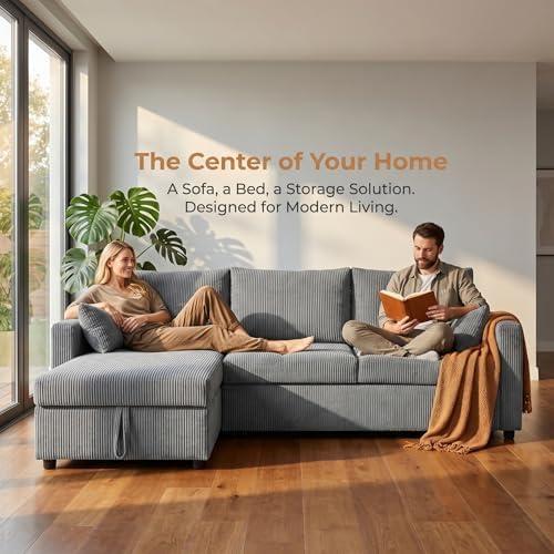 Sectional Sleeper Sofa with Pull Out Bed, LShape Convertible Sofa Bed Couch with Storage Chaise, 3 in 1 Pull Out Sofa Bed with 3 Seats, for Living Room,Apartment, Gray, 85Inch