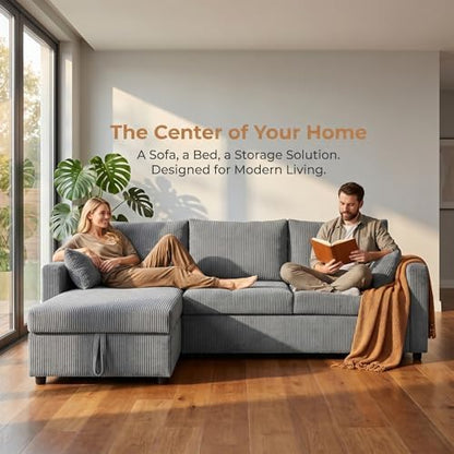 Sectional Sleeper Sofa with Pull Out Bed, LShape Convertible Sofa Bed Couch with Storage Chaise, 3 in 1 Pull Out Sofa Bed with 3 Seats, for Living Room,Apartment, Gray, 85Inch