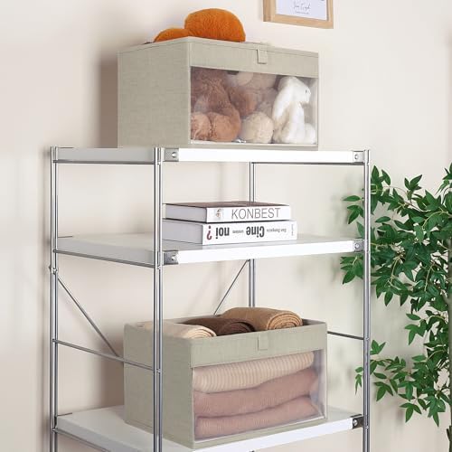 WUIKE Closet Storage Bins, Clear Window, Linen Beige, Large, 3-Pack