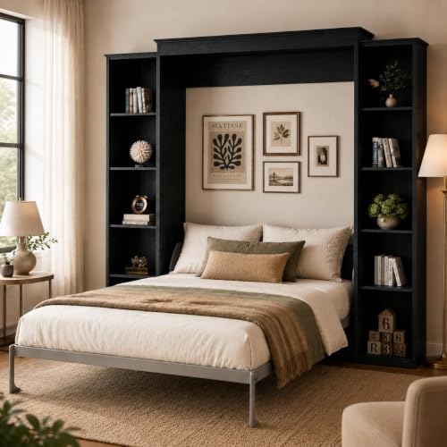 Queen Size Murphy Bed with 2 Storage Cabinet, Farmhouse Wood Hidden Foldable Wall Bed Frame, Space Saving Beds with Shelves, Murphy Bed Queen for Guest Room,Apartment,Office,Bedroom, Black Grey