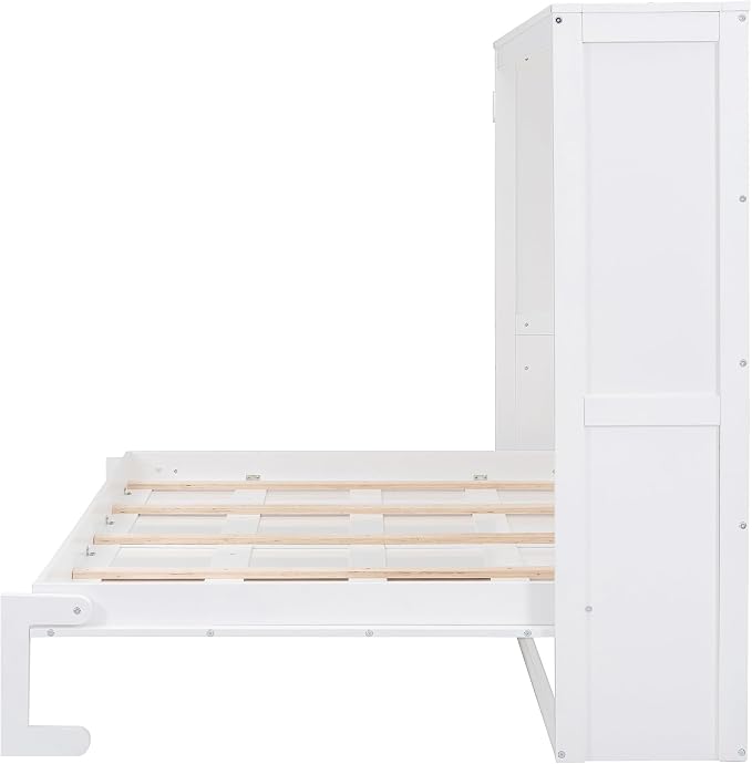 Merax Farmhouse Solid Wood Murphy Bed Chest, Space Saving, Queen,White | Modern Wall Bed with Wood Slat Support/ No Box Spring Needed/ Easy Assemble