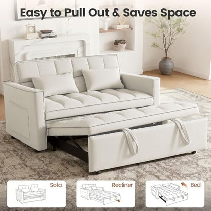 Convertible Sofa Bed, 3 in 1 Pull Out Couch with Side Pockets, Velvet Fabric Loveseat Sleeper Sofa Bed, Pull Out Couch with Adjustable Backrest for Living Room, Bedroom, Apartment, White