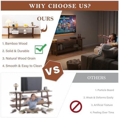 Tiita Walnut TV Stand for 65-Inch TVs, 2 Open Shelves, Rattan Media Console