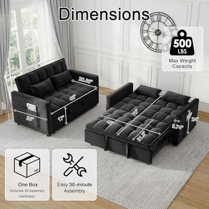 53" Sofa Bed, Velvet 3-in-1 Pull Out Couch & Loveseat Sleeper Sofa, Compact Convertible Folding Couch with Adjustable Backrest for Small Spaces, Black