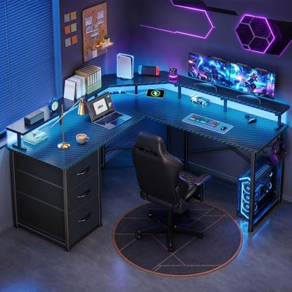 DurayLoly 48” Gaming Desk with LED Lights&Power Strip,3 Drawers&Side Hooks