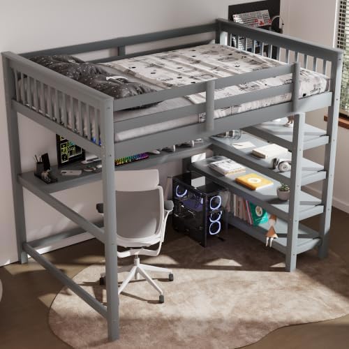 Merax Wood Loft Bed with Desk : Full Size Loft Bed with 4-Storage Shelves and Under Bed Desk Solid Wood Bed, Grey