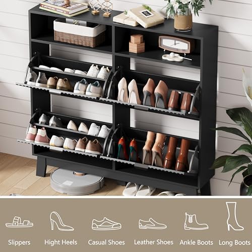 Shoe Cabinet Storage for Entryway with 4 Flip Drawers & Cubby, Black