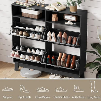 Shoe Cabinet Storage for Entryway with 4 Flip Drawers & Cubby, Black