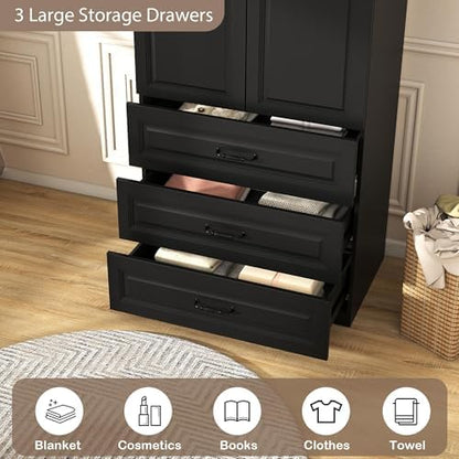Black Armoire Wardrobe Closet with 6 Drawers, 75" Tall x 63" Wide
