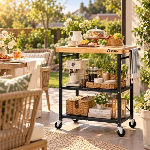Foldable 3-Tier Rolling Kitchen Cart with Solid Oak Top, Black