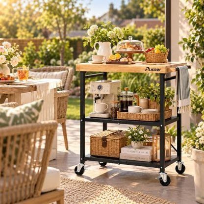 Foldable 3-Tier Rolling Kitchen Cart with Solid Oak Top, Black