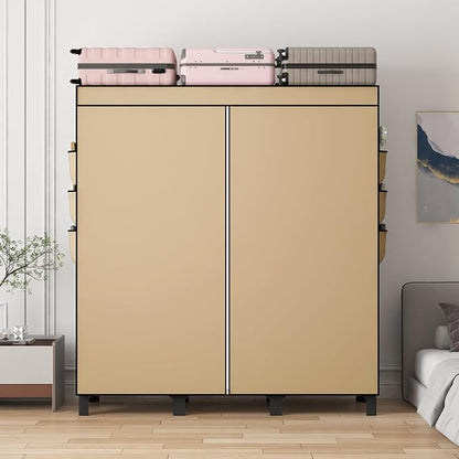 Portable Closet, 51.18" Large Capacity Wardrobe with 3 Hanging Rods, 6 Shelves & 18 Side Pockets, Dustproof Organizer for Bedroom, Dorm & Apartment (Cream Colour, Large)