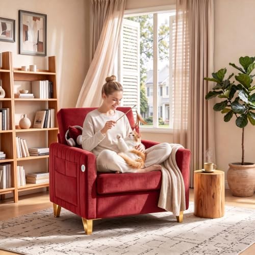 Accent Chair for Living Room Modern Velvet Accent Chair with USB Port and Storage Comfy Reading Chair Armchair with Throw Pillow for Apartment Office (Rose Red)