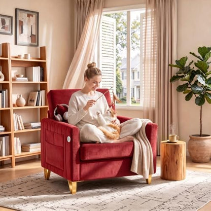 Accent Chair for Living Room Modern Velvet Accent Chair with USB Port and Storage Comfy Reading Chair Armchair with Throw Pillow for Apartment Office (Rose Red)