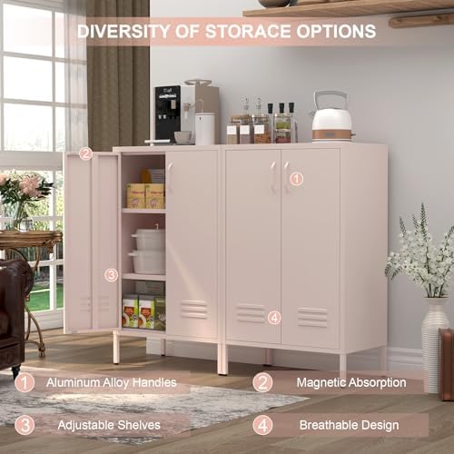 IRONFFICE Storage Cabinet,Metal Cabinets with Doors and Shelves,2 Doors Locker Cabinet with Legs,Metal Locker Storage Cabinets for Tools, Equipment and Office Files,Pink