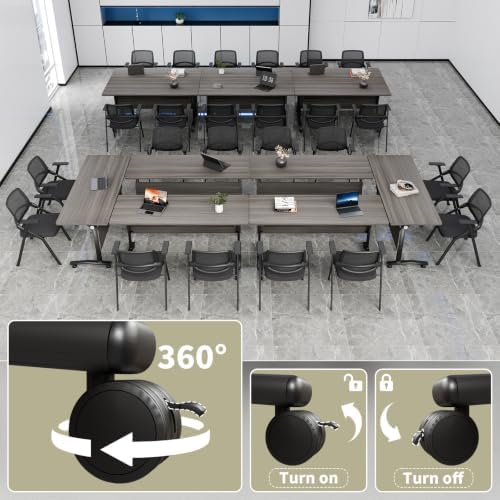 Modern Conference Table, Folding Modular Conference Room Tables with Wheels, Flip Top Mobile Training Table for 6-12 People, Foldable Rectangle Meeting Seminar Tables for Office(Elm, 4PCS 61in)