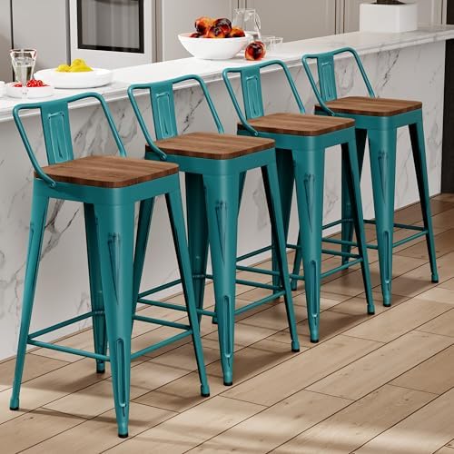 24" Barstools Set of 4 Counter Height Bar Stools Side Chair-Distressed Teal