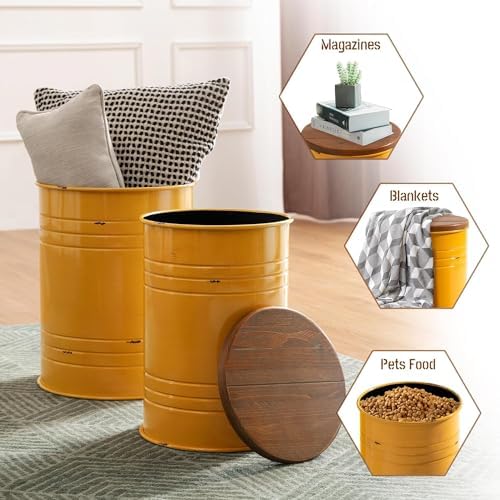 Glitzhome Nesting Tables for Living Room, Round Coffee Table Set of 2, Metal Farmhouse Small Accent End Table with Storage and Lid for Bedroom Office Plant Stander, Yellow